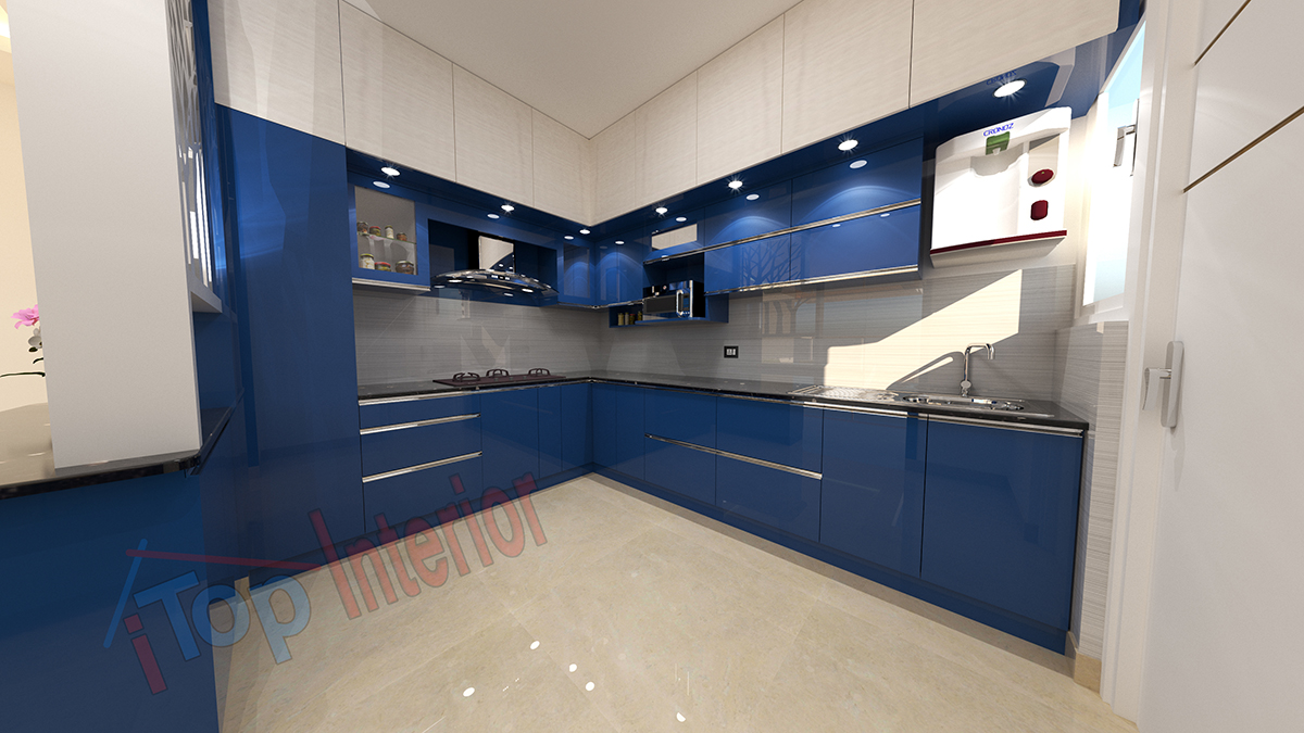 Modern Blue and White modular kitchen – iTop Interior – Bangalore