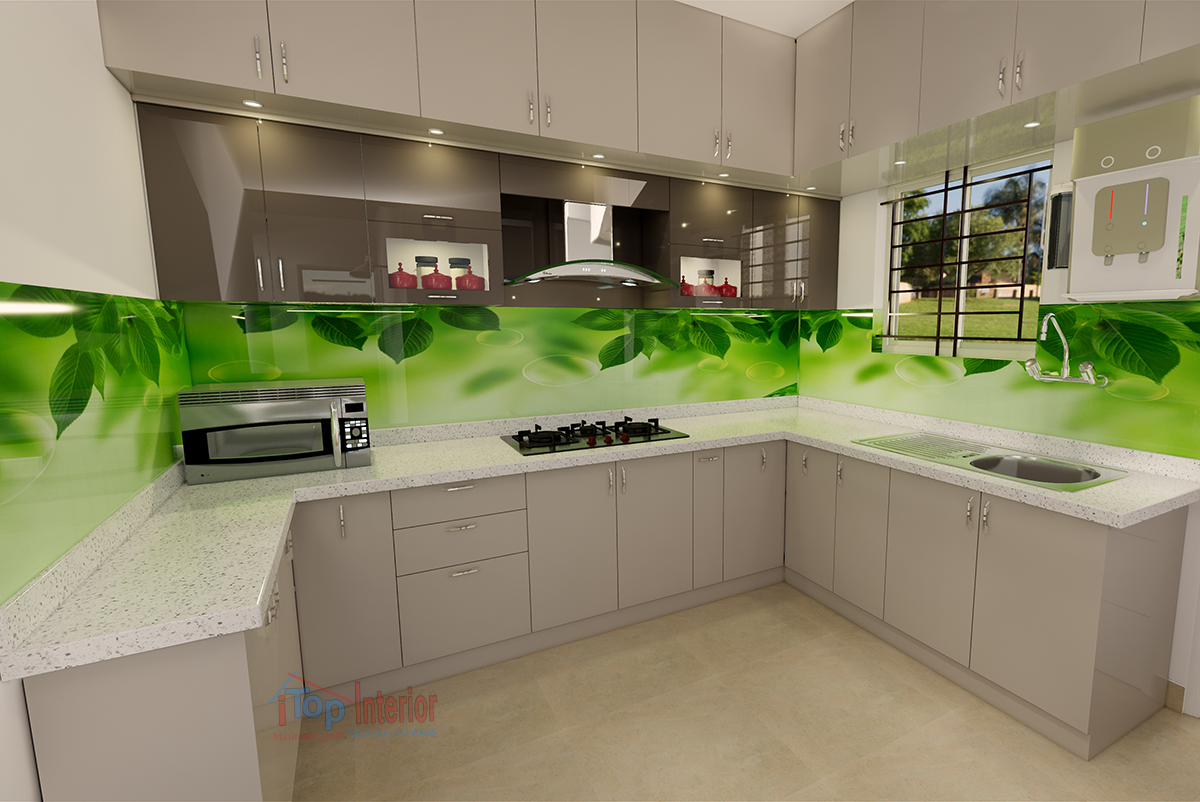 Acrylic Finish Modular Kitchen With Quartz Counter Top